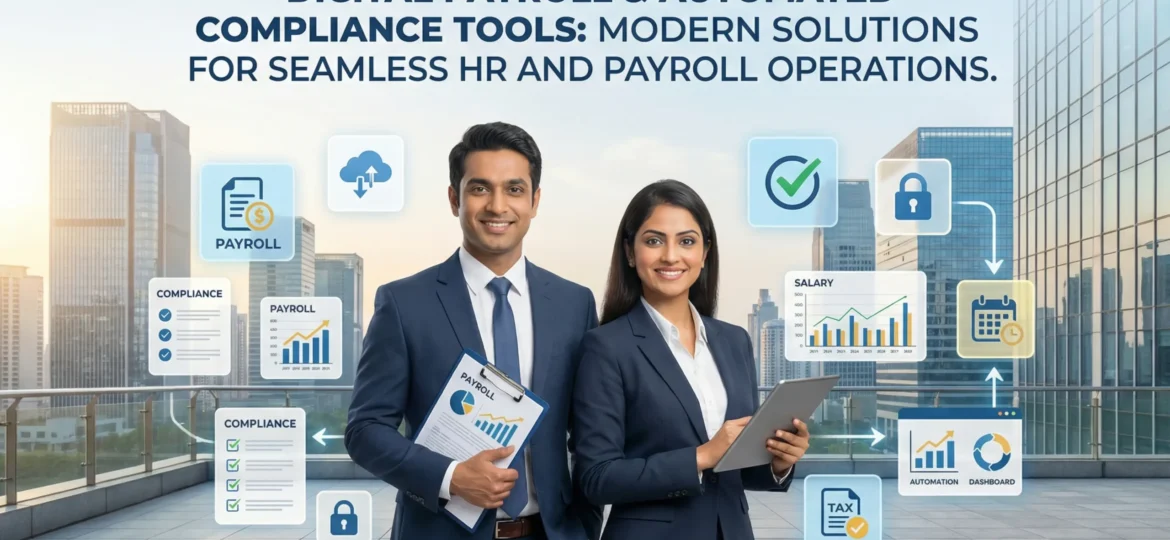 Alt text: Two business professionals standing on a modern office terrace with city buildings in the background, holding a tablet and payroll report, surrounded by digital icons for payroll, compliance, tax, automation, security, and data charts under the heading “Digital Payroll & Automated Compliance Tools: Modern Solutions for Seamless HR and Payroll Operations.”