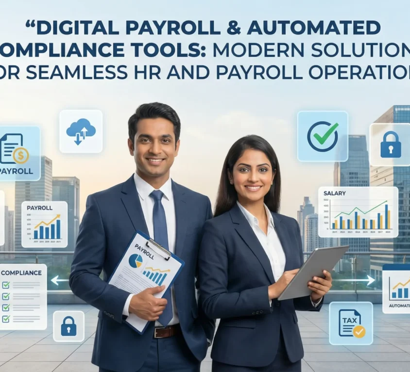Alt text: Two business professionals standing on a modern office terrace with city buildings in the background, holding a tablet and payroll report, surrounded by digital icons for payroll, compliance, tax, automation, security, and data charts under the heading “Digital Payroll & Automated Compliance Tools: Modern Solutions for Seamless HR and Payroll Operations.”