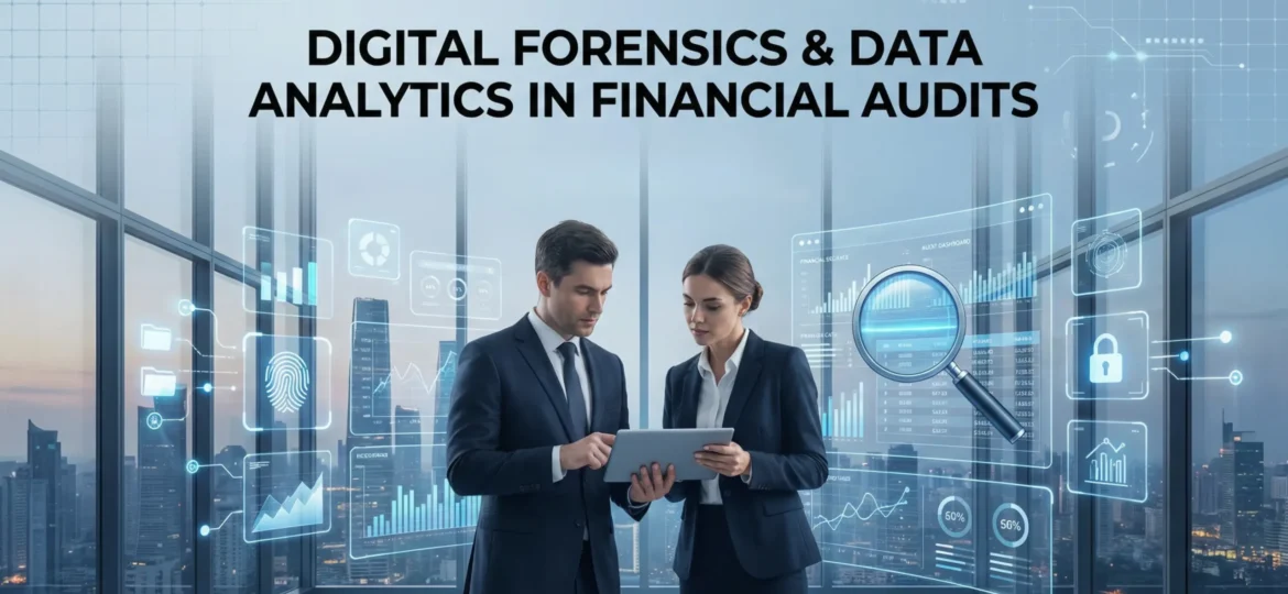 Two financial auditors analyzing data on a tablet with digital forensics and data analytics dashboard visuals in a modern office setting.