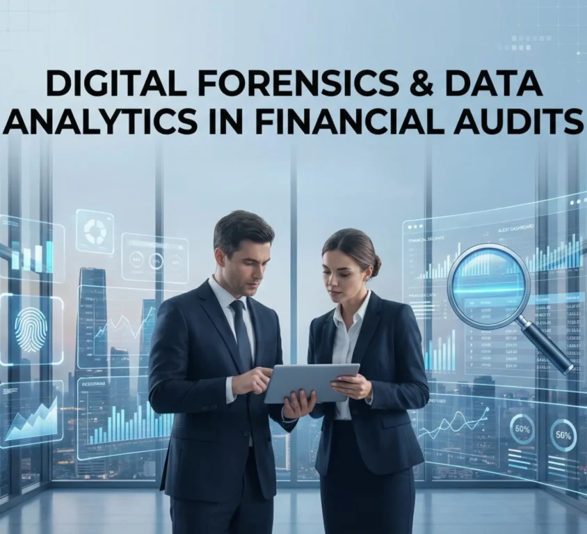 Two financial auditors analyzing data on a tablet with digital forensics and data analytics dashboard visuals in a modern office setting.
