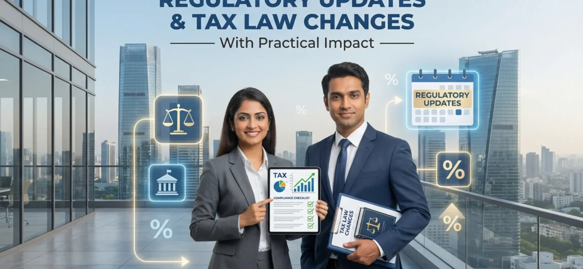 Two business professionals holding a tax compliance checklist and tax law book with regulatory updates and tax law changes graphics in a modern city office background.