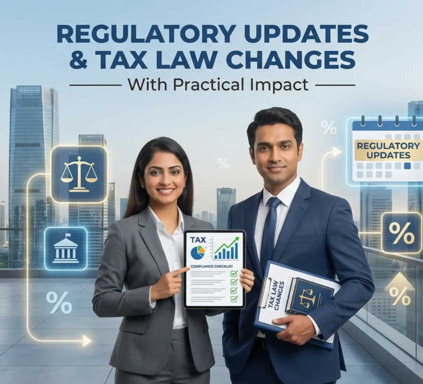 Two business professionals holding a tax compliance checklist and tax law book with regulatory updates and tax law changes graphics in a modern city office background.